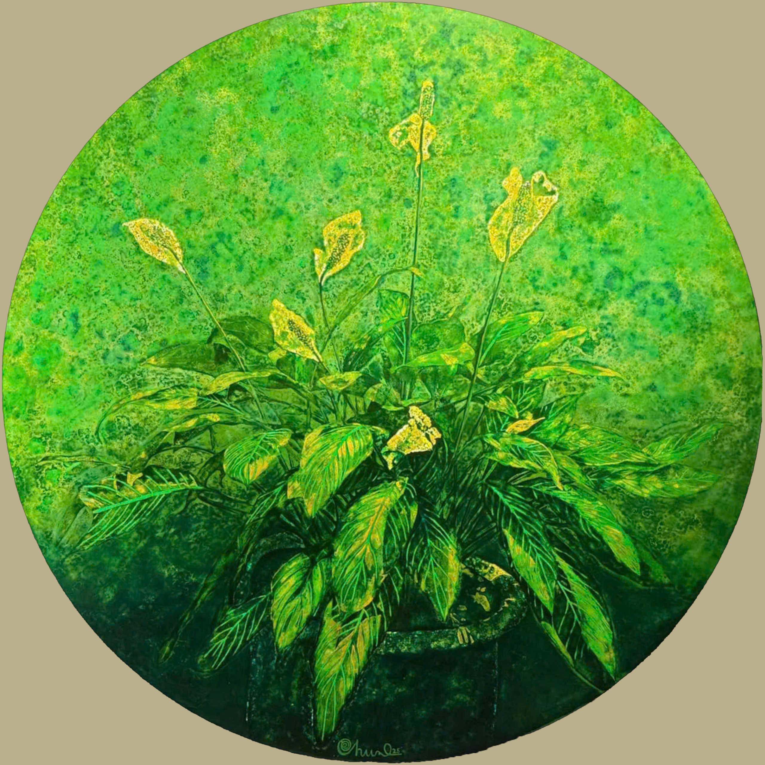 Peace Lily - Vietnamese Lacquer Painting by Artist Nguyen Thanh Chung