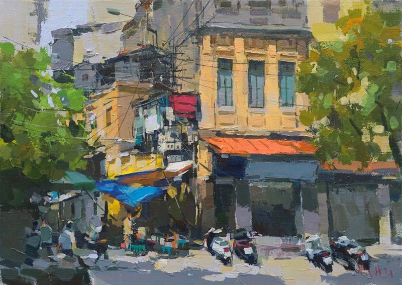 Hoi Vu Ward - Vietnamese Oil Painting Street by Artist Pham Hoang Minh