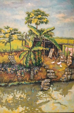 Home Love - Vietnamese Lacquer Painting by Artist Nguyen Xuan Viet