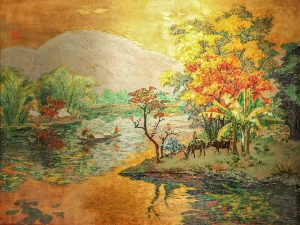 Hometown River - Vietnamese Lacquer Painting by Artist Le Khanh Hieu