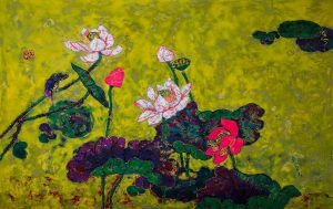 Pink Lotus - Lacquer painting by artist Nguyen Sy Hieu