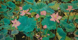 Red Lotus Pond - Vietnamese Lacquer Painting by Artist Nguyen Xuan Viet