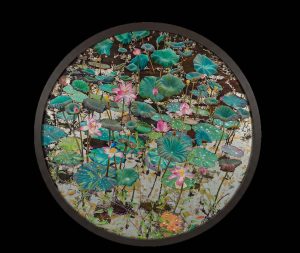 Red Lotus Pond II - Vietnamese Lacquer Painting by Artist Nguyen Xuan Viet