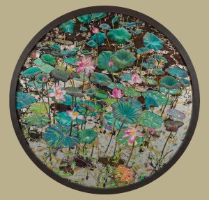 Red Lotus Pond II - Vietnamese Lacquer Painting by Artist Nguyen Xuan Viet