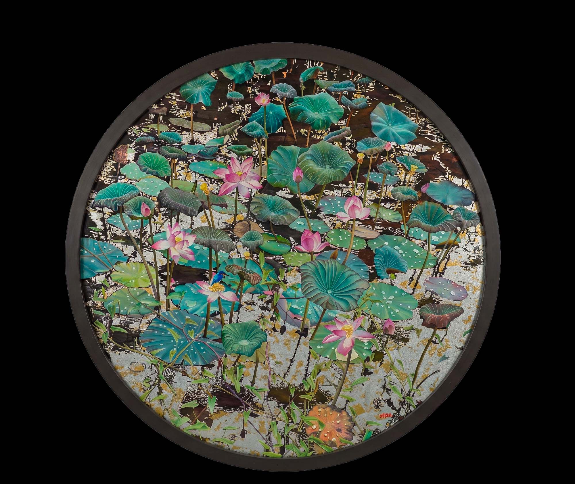 Red Lotus Pond II - Vietnamese Lacquer Painting by Artist Nguyen Xuan Viet