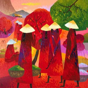 Market Gathering - Vietnamese Acrylic Painting by Artist Nguyen Quy Tam