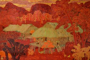 The Scent of Apricot Blossoms in My Village - Vietnamese Lacquer Painting by Artist Ngo Tuan Anh