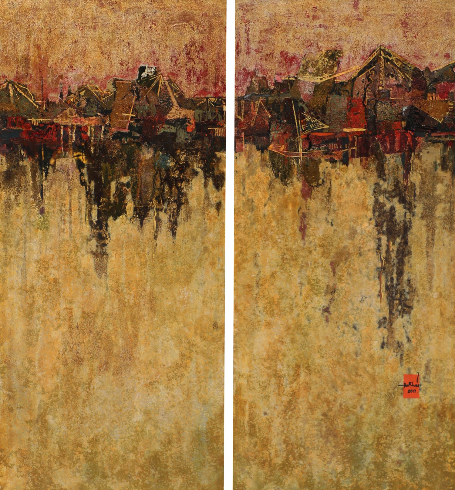 Improvisation at Red River - Vietnamese Lacquer Painting by Artist Do Khai