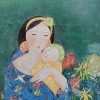 In Mother's Embrace III - Vietnamese Lacquer Painting by Artist Dang Hien