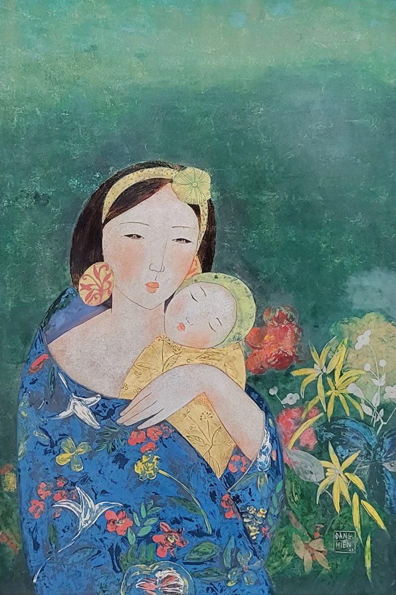 In Mother's Embrace III - Vietnamese Lacquer Painting by Artist Dang Hien