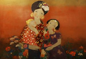 In Mother's Embrace II - Vietnamese Lacquer Painting by Artist Dang Hien
