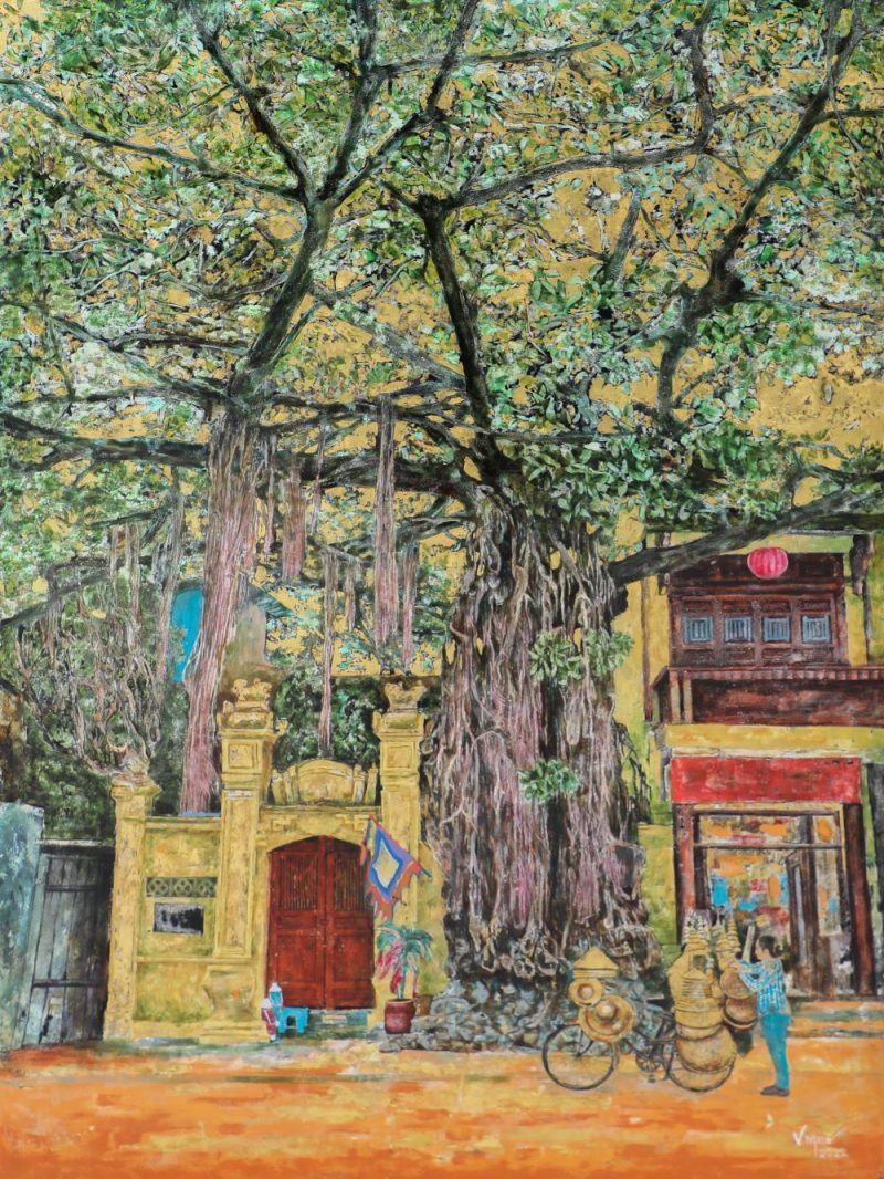In the Banyan Tree - Vietnamese Lacquer Painting by Artist Nguyen Van Nghia