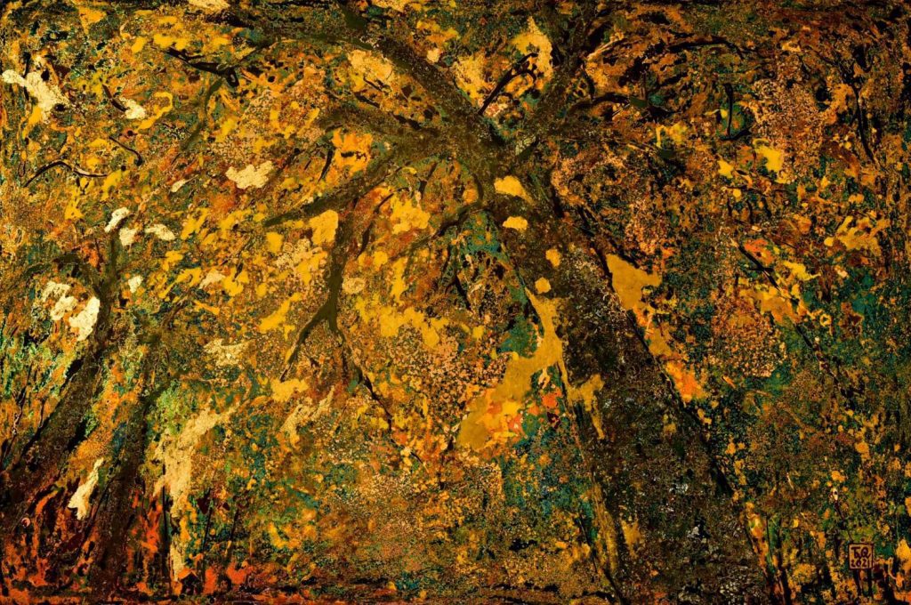 In the Canopy of Leaves Vietnamese Lacquer Painting by Artist Truong Trong Quyen