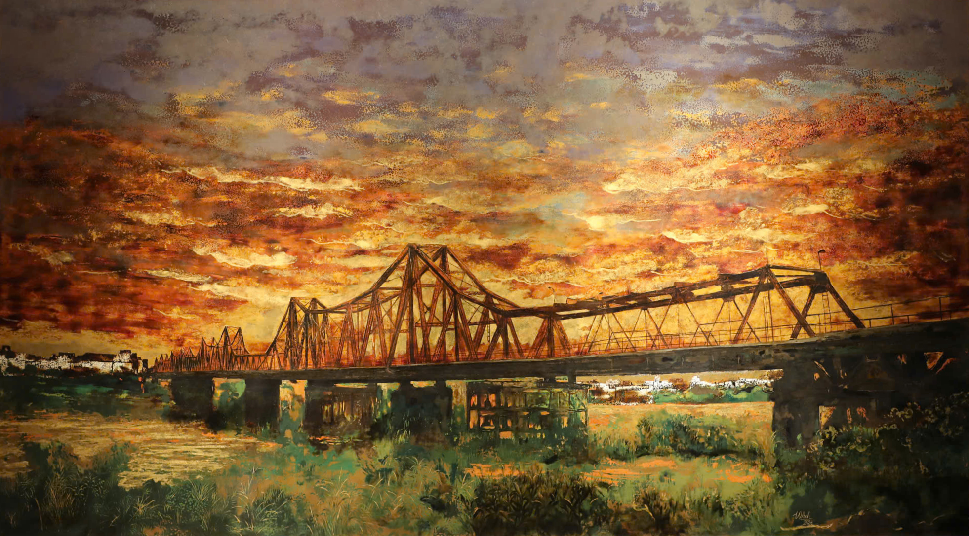 Long Bien Bridge - Vietnamese Lacquer Painting by Artist Trinh Que Anh