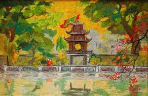 Constellation of Literature Pavilion - Vietnamese Lacquer Painting by Artist Le Khanh Hieu