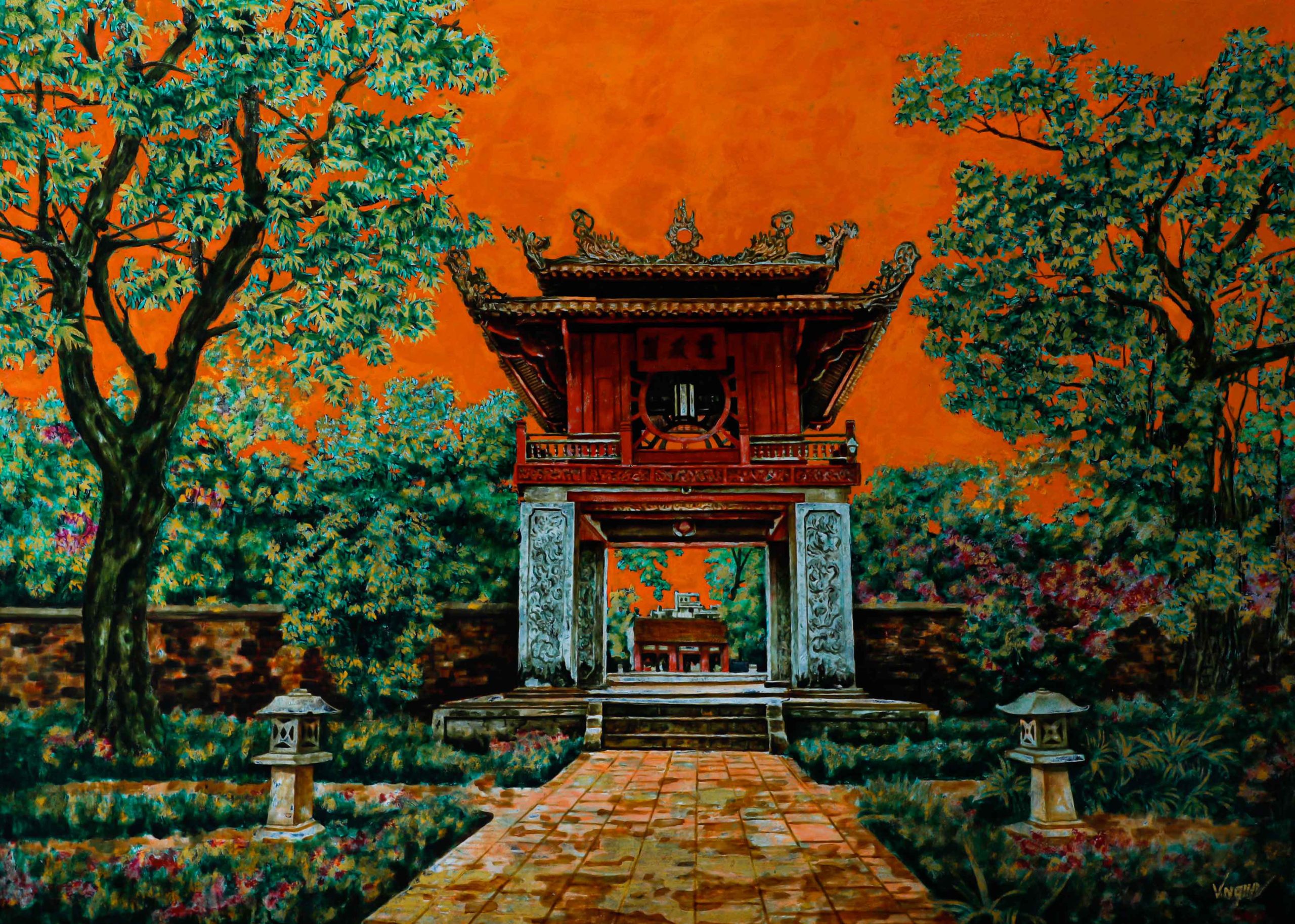 Constellation of Literature Pavilion II - Lacquer Painting by Artist Nguyen Van Nghia