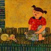 Kid, Kitty & Wool Roll - Vietnamese Lacquer Painting by Artist Chau Ai Van