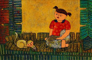 Kid, Kitty & Wool Roll - Vietnamese Lacquer Painting by Artist Chau Ai Van