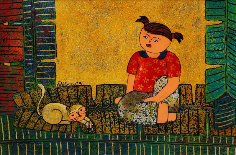 Kid, Kitty & Wool Roll - Vietnamese Lacquer Painting by Artist Chau Ai Van