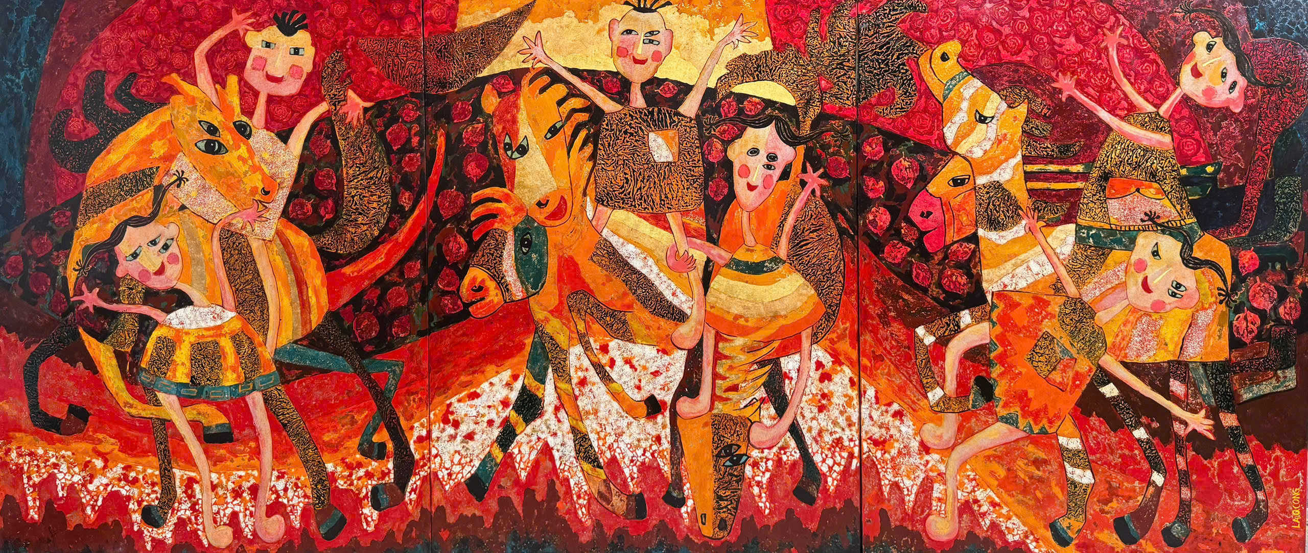 Reminiscence of Childhood - Vietnamese Lacquer Painting by Artist Ngo Ba Cong