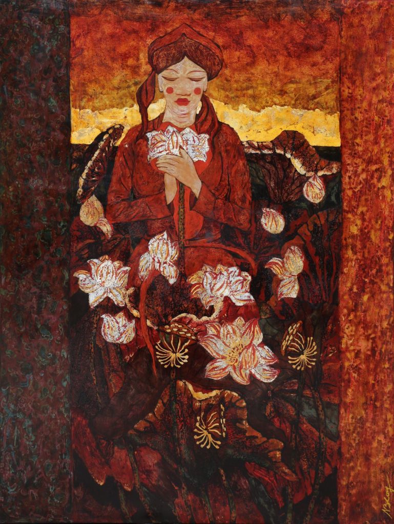 Lady & Lotus II - Vietnamese Lacquer Paintings by Artist Ngo Ba Cong