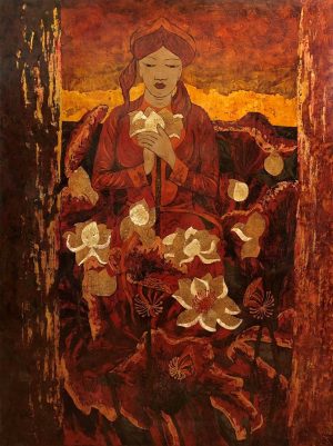 Lady & Lotus II - Vietnamese Lacquer Paintings by Artist Ngo Ba Cong