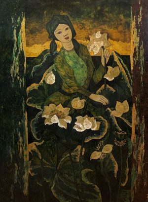 Lady & Lotus III - Vietnamese Lacquer Paintings by Artist Ngo Ba Cong