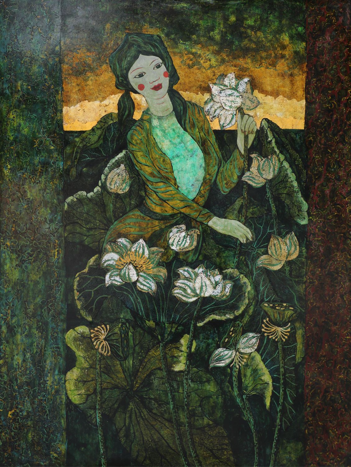 Lady & Lotus III - Vietnamese Lacquer Paintings by Artist Ngo Ba Cong