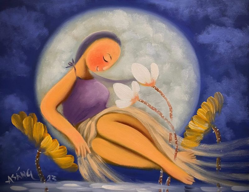Lady in the Moonlight - Vietnamese Oil Painting by Artist Hoang A Sang