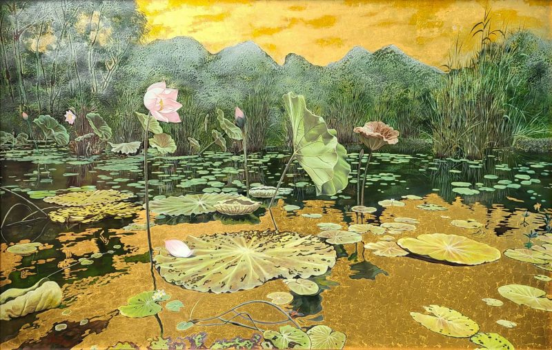 Landscape of Lotus - Vietnamese Lacquer Painting by Artist Nguyen Xuan Viet