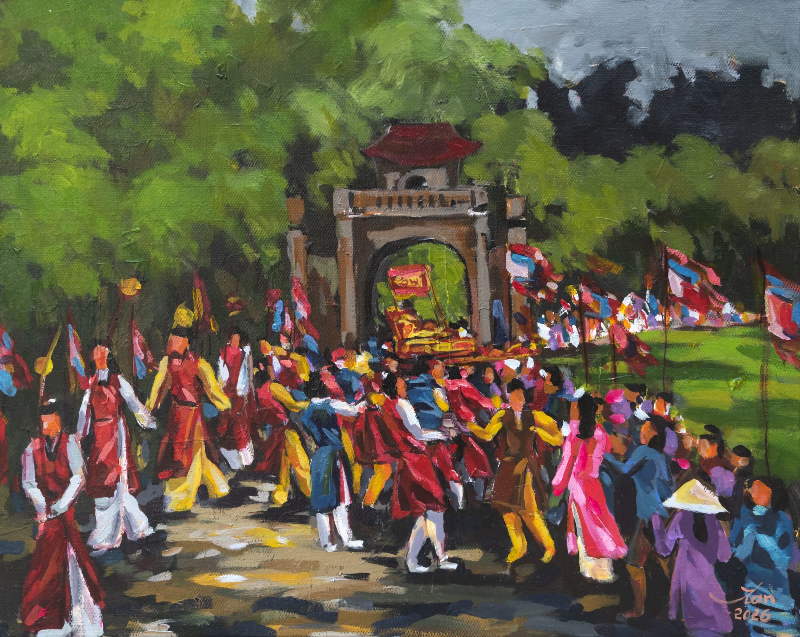 A Vietnamese Village Festival - Acrylic Painting by Artist Vu Manh Tan