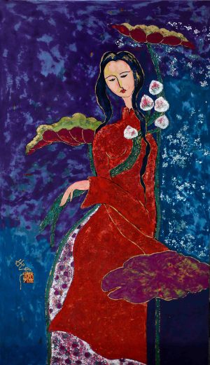Lotus - Vietnamese Lacquer painting by artist Nguyen Sy Hieu