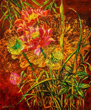 Lotus Lantern - Vietnamese Lacquer Painting by Artist Giap Van Tuan