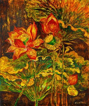 Lotus Awakening - Vietnamese Lacquer Painting by Artist Giap Van Tuan