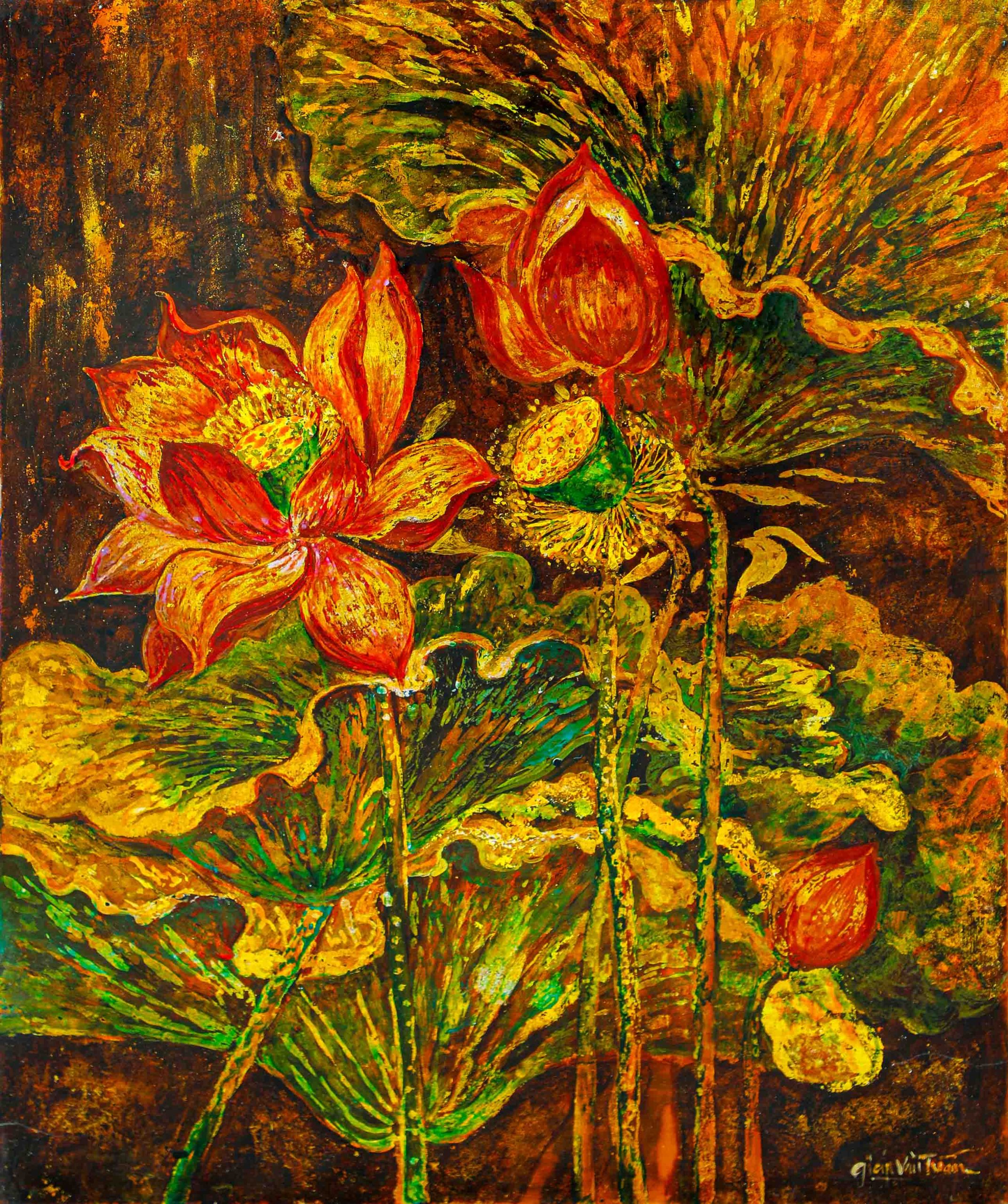 Lotus Awakening - Vietnamese Lacquer Painting by Artist Giap Van Tuan