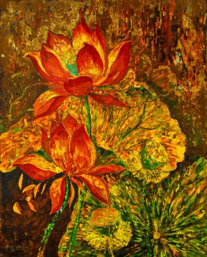 Lotus Heart - Vietnamese Lacquer Painting by Artist Giap Van Tuan