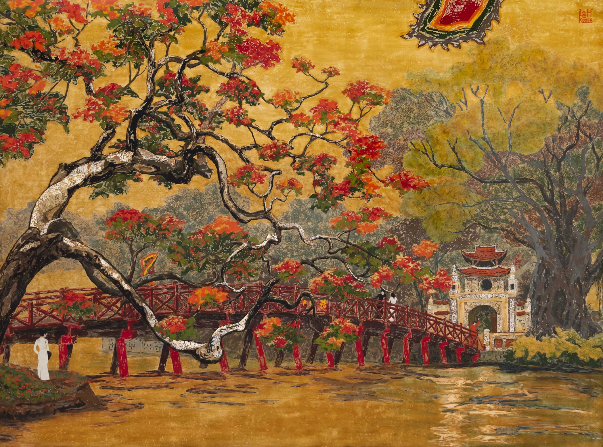 Hoan Kiem Lake at Dusk - Lacquer Painting by Artist Le Khanh Hieu