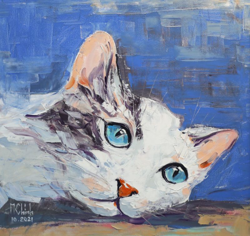 Little Cat II - Vietnamese Oil Painting by Artist Minh Chinh