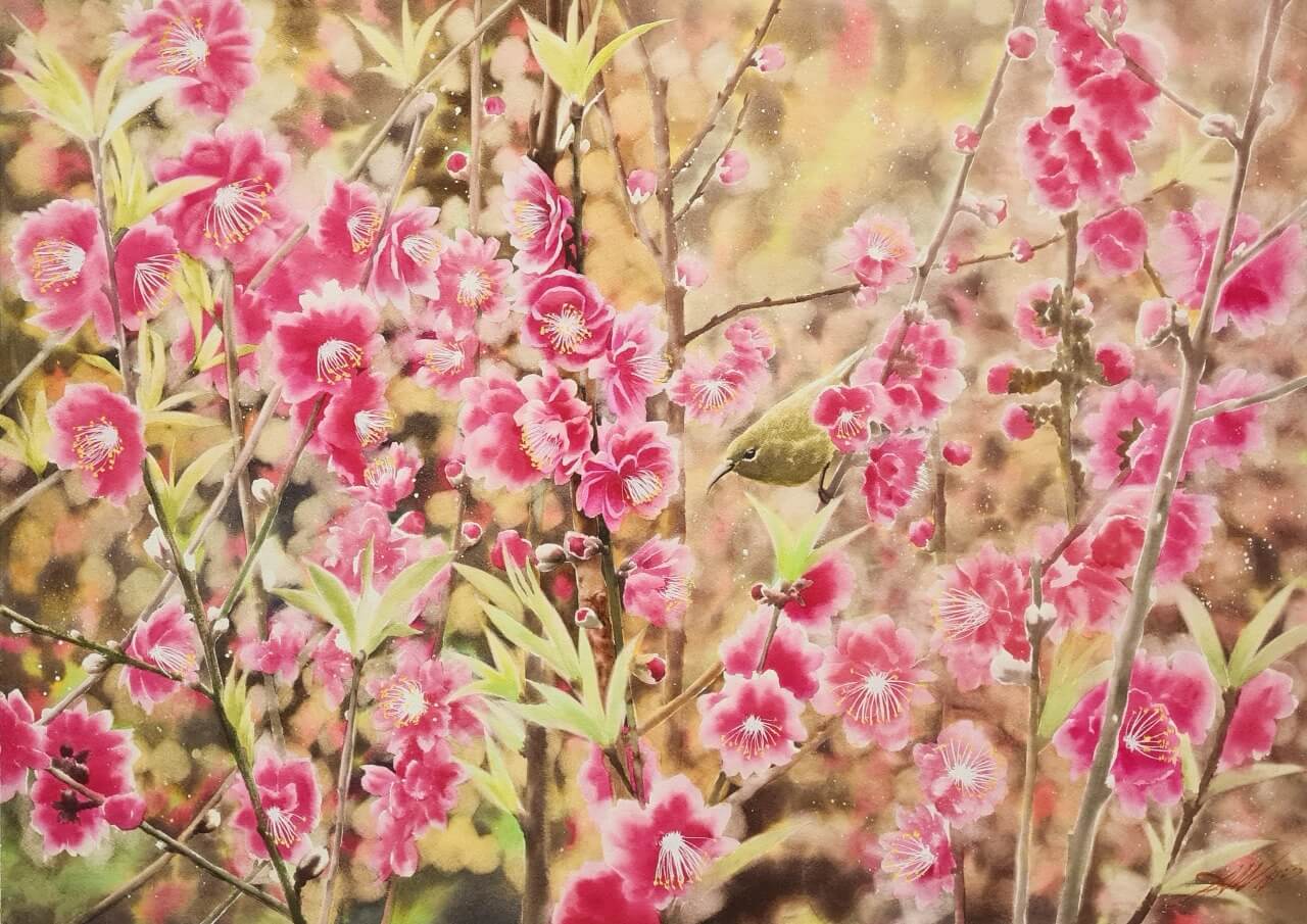 Lively Springtime Vietnamese Watercolour painting by Artist Nguyen Lam