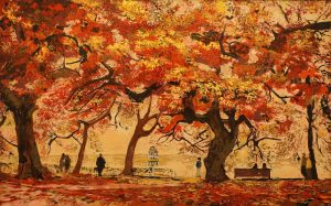 Barringtonia in Autumn - Vietnamese Lacquer Painting by Artist Luong Huyen