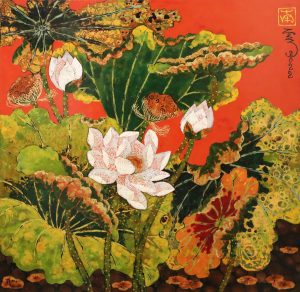 Lotus I - Vietnamese Lacquer Painting by Artist Tran Thieu Nam