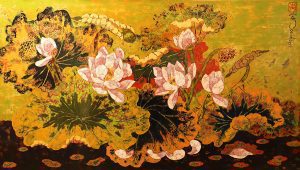 Lotus II - lacquer painting by tran thieu nam