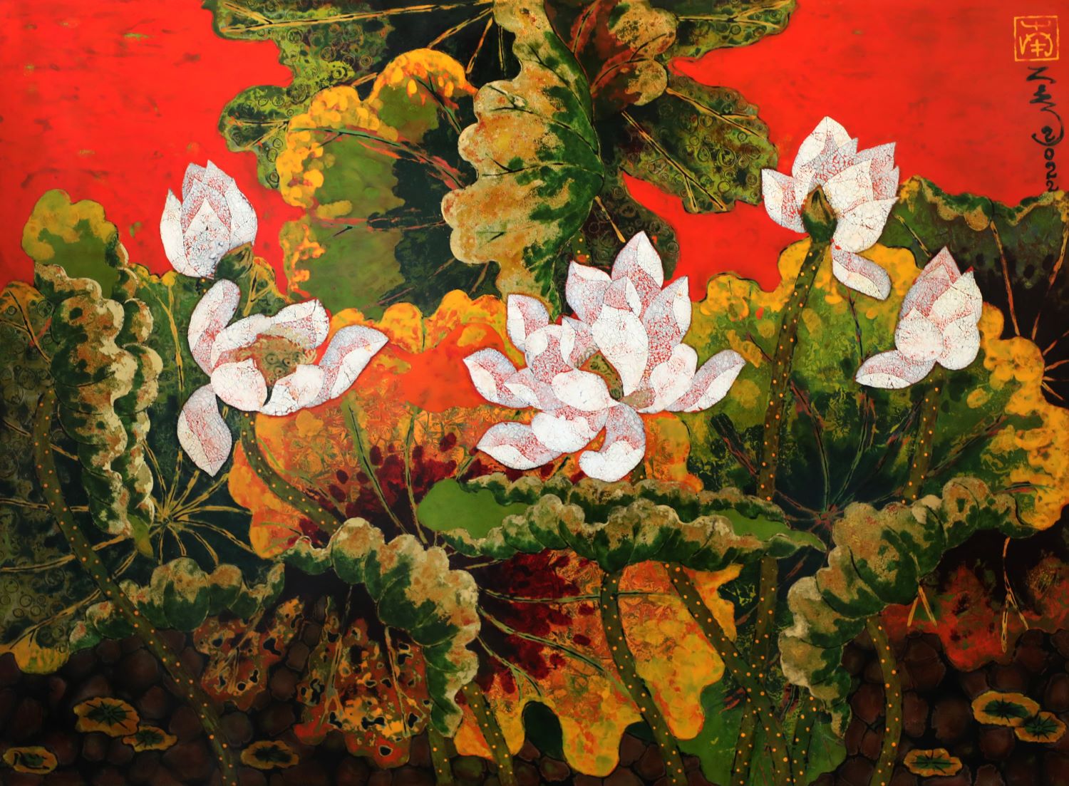 Lotus III - Vietnamese Lacquer Painting by Artist Tran Thieu Nam