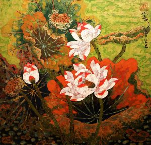 Lotus IV - Vietnamese Lacquer Painting by Artist Tran Thieu Nam