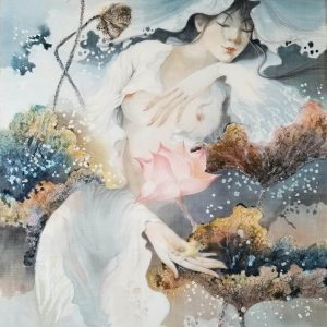 Lotus Lady I - Vietnamese Watercolor Painting on Silk by Artist Phan Niem