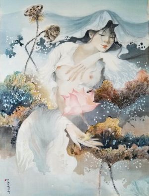 Lotus Lady I - Vietnamese Watercolor Painting on Silk by Artist Phan Niem