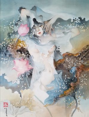 Lotus Lady II - Vietnamese Watercolor Painting on Silk by Artist Phan Niem