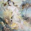 Lotus Lady III - Vietnamese Watercolor Painting on Silk by Artist Phan Niem