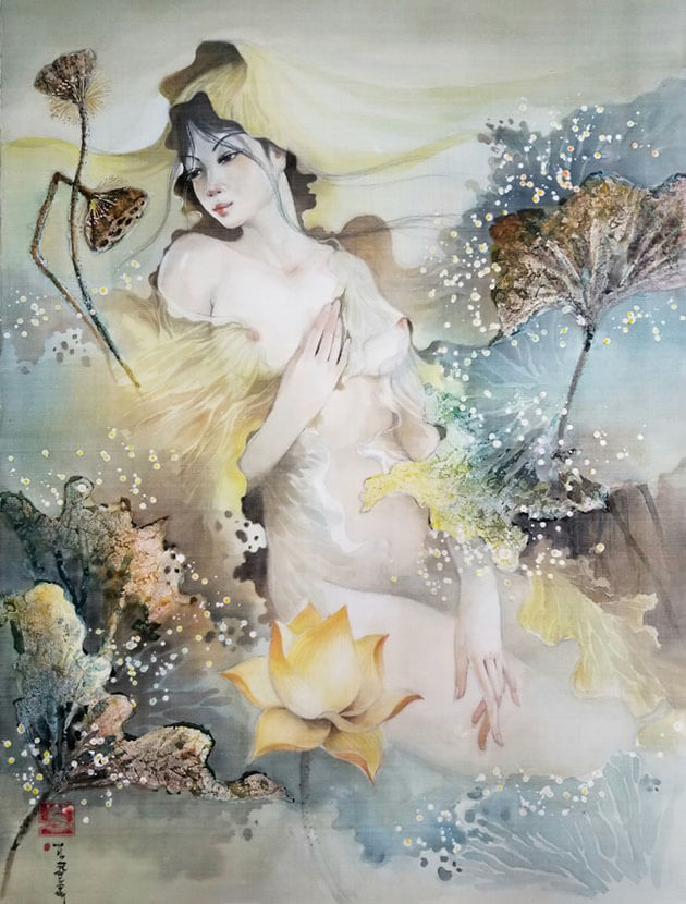 Lotus Lady III - Vietnamese Watercolor Painting on Silk by Artist Phan Niem
