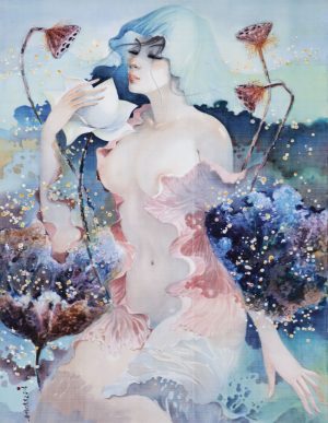 Lotus Lady IV - Vietnamese Watercolor Painting on Silk by Artist Phan Niem